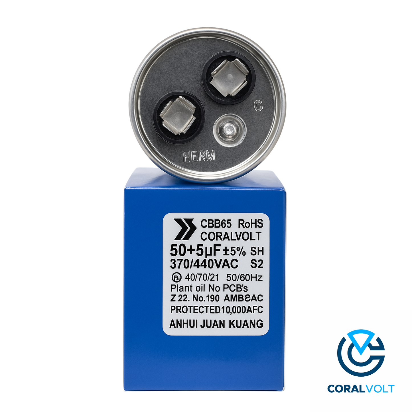 50+5 µF Dual Run Round HVAC Capacitor – 370/440V AC | CBB65, UL Rated