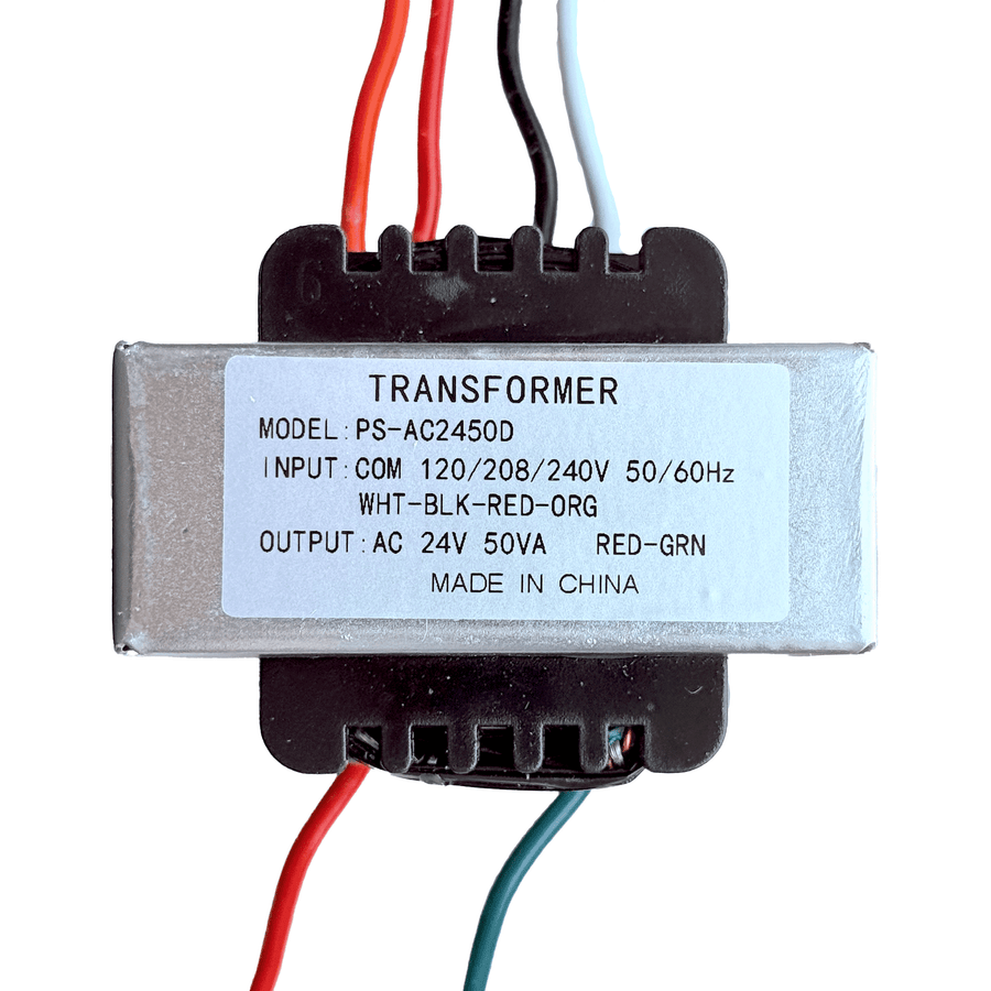 CoralVolt 24V 50VA HVAC transformer spec label — model PS-AC2450D, multi-tap 120/208/240V 50/60Hz input, 24VAC 50VA output