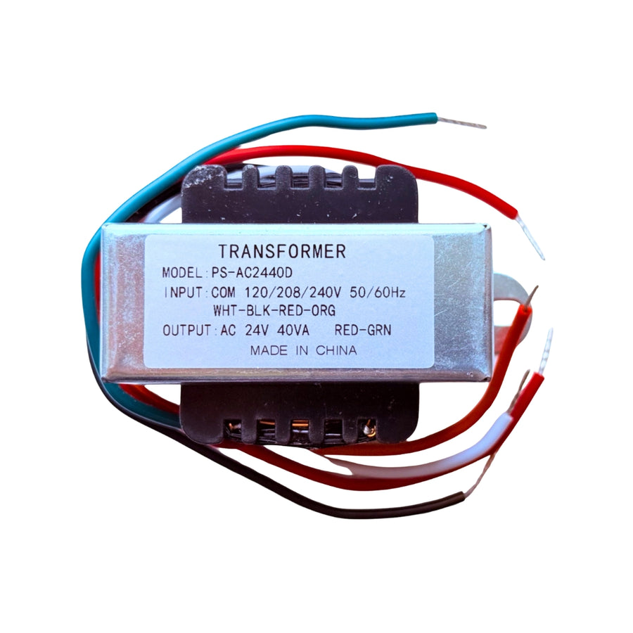 CoralVolt 24V 40VA HVAC control transformer model PS-AC2440D showing specifications label and wire leads
