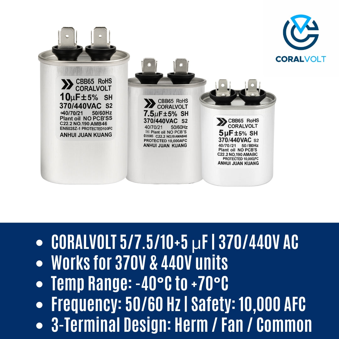 10+5 µF Dual Run Oval HVAC Capacitor – 370/440V AC | CBB65, UL Rated
