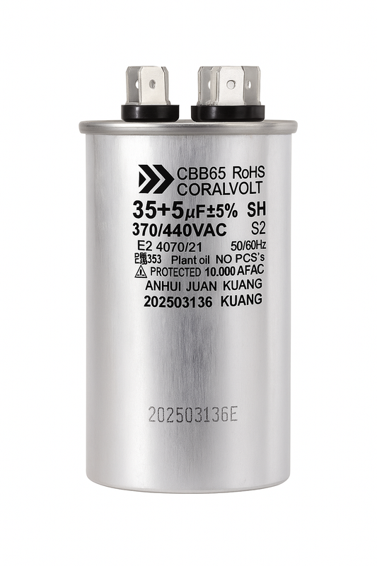 35+5 µF Dual Run Round HVAC Capacitor – 370/440V AC | CBB65, UL Rated