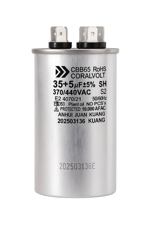 CORALVOLT 35+5 µF Dual Run Round HVAC Capacitor – 370/440V AC | CBB65, UL Rated