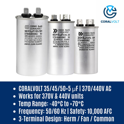 50+5 µF Dual Run Round HVAC Capacitor – 370/440V AC | CBB65, UL Rated