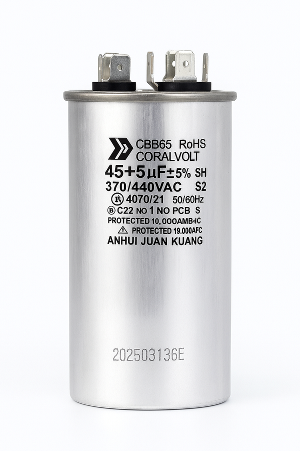 CORALVOLT 45+5 µF Dual Run Start Round Capacitor – 370/440V AC | CBB65, UL Rated