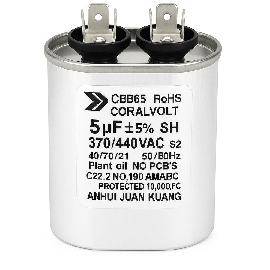 CoralVolt 5+5 µF dual run oval HVAC capacitor front view, 370/440VAC CBB65 UL rated, 10000 AFC protection
