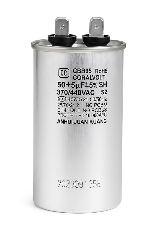 50+5 µF Dual Run Round HVAC Capacitor – 370/440V AC | CBB65, UL Rated