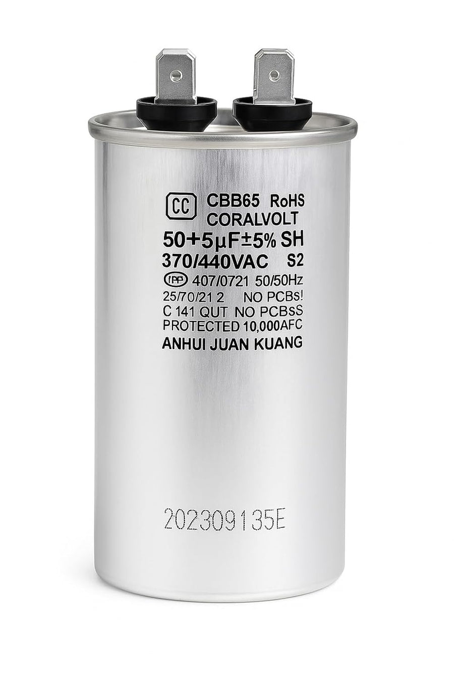 CoralVolt 50+5 µF dual run round HVAC capacitor front view, 370/440VAC CBB65 UL rated, 10000 AFC protection
