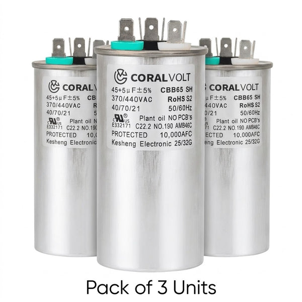 CORALVOLT 45/5 µF Dual Run Start Round Capacitor (Pack of 3)  | CBB65, UL Rated