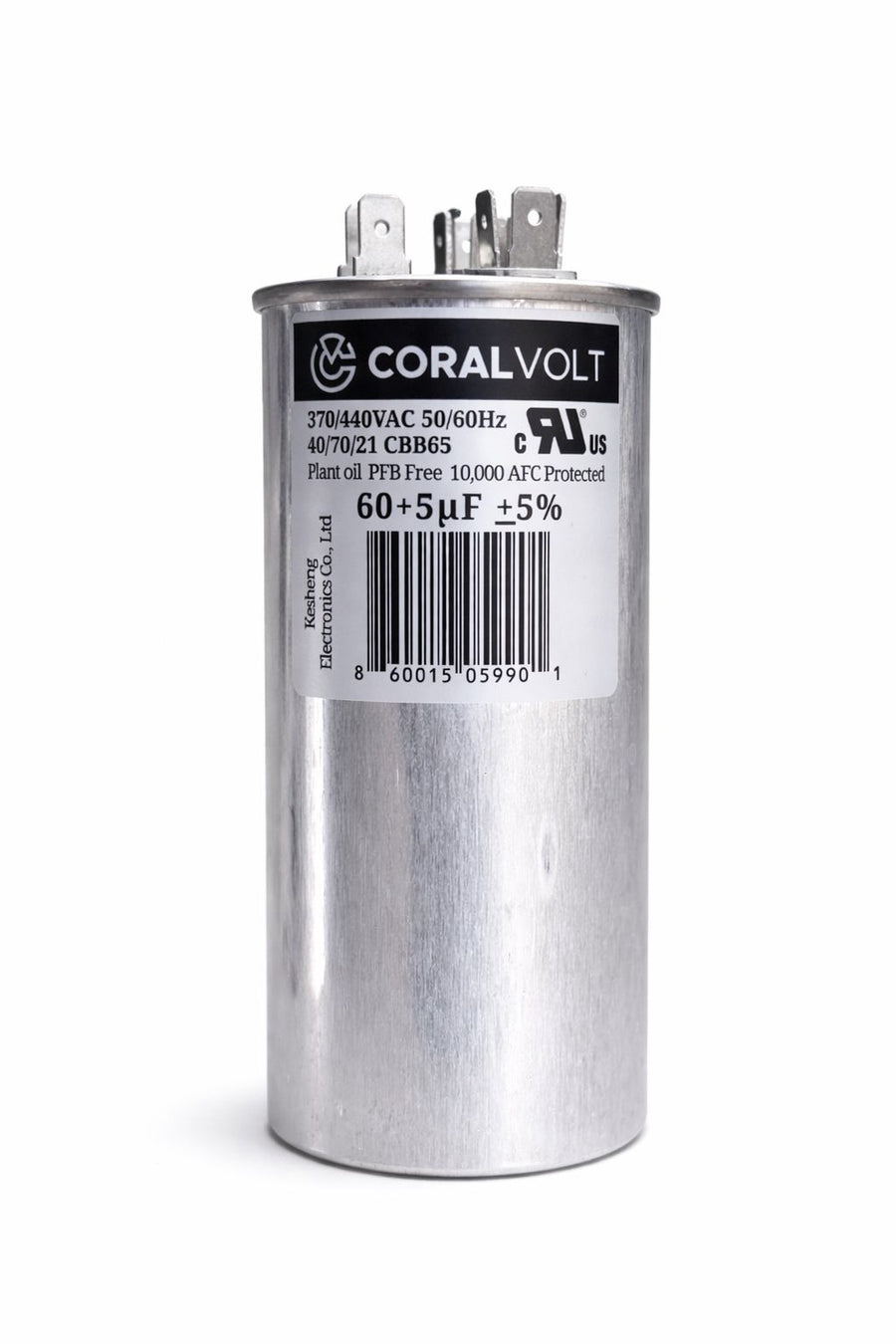 CoralVolt 60+5 µF dual run round HVAC capacitor single unit, 370/440VAC CBB65 UL rated, 10000 AFC protection