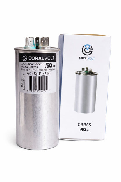 Coralvolt 60 µF+5 µF Dual Run Round HVAC Capacitor 370/440V CBB65 UL Rated