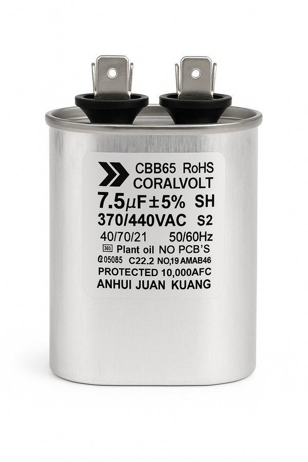 CORALVOLT 7.5+5 µF Dual Run Oval HVAC Capacitor – 370/440V AC | CBB65, UL Rated