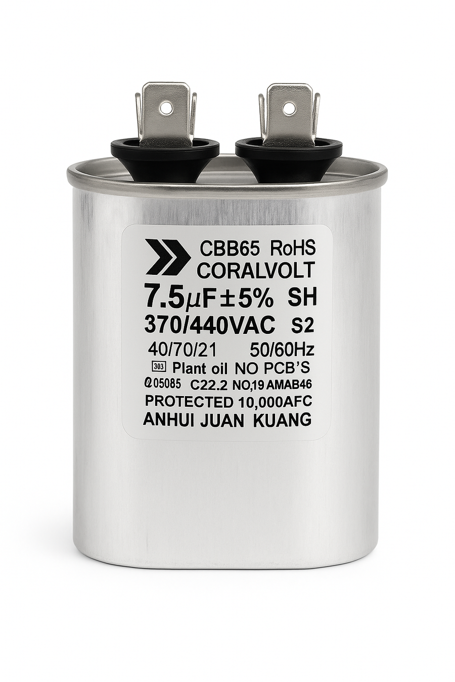 CoralVolt 7.5+5 µF dual run oval HVAC capacitor front view, 370/440VAC CBB65 UL rated, 10000 AFC protection