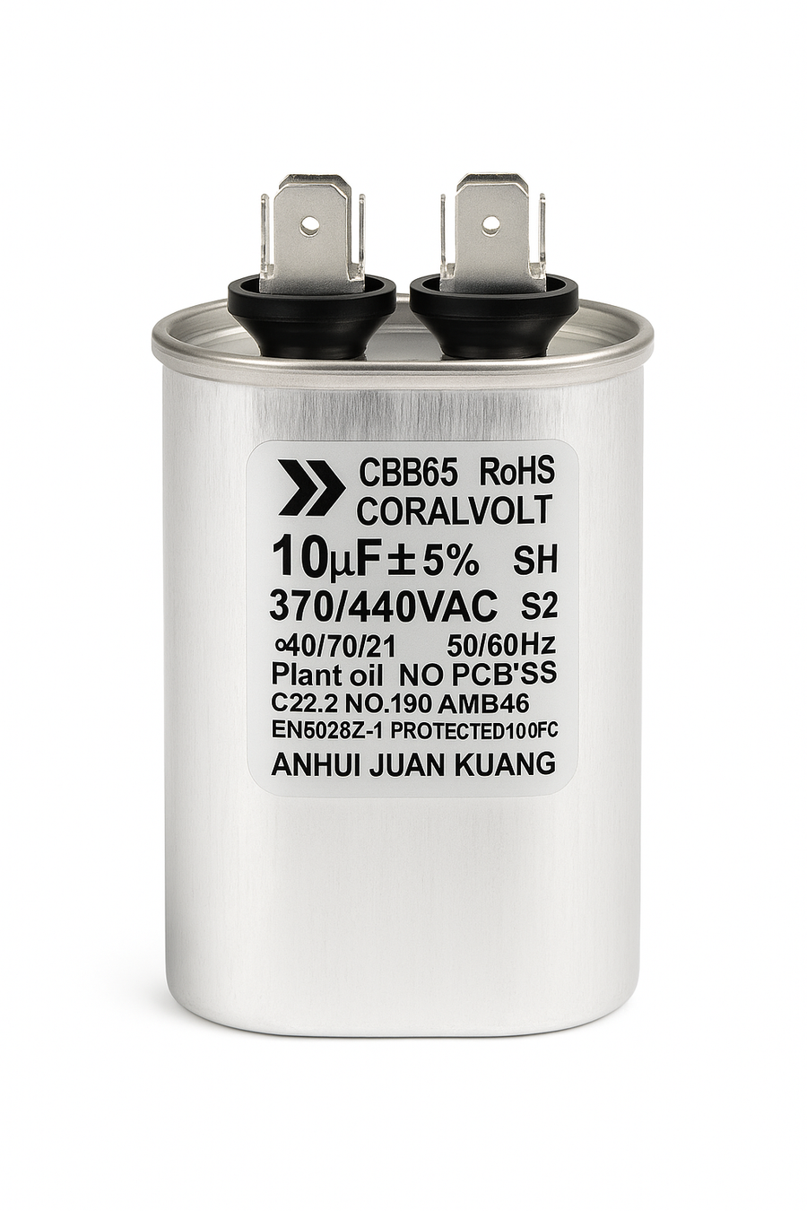 CoralVolt 10+5 µF dual run oval HVAC capacitor front view, 370/440VAC CBB65 UL rated, 10000 AFC protection