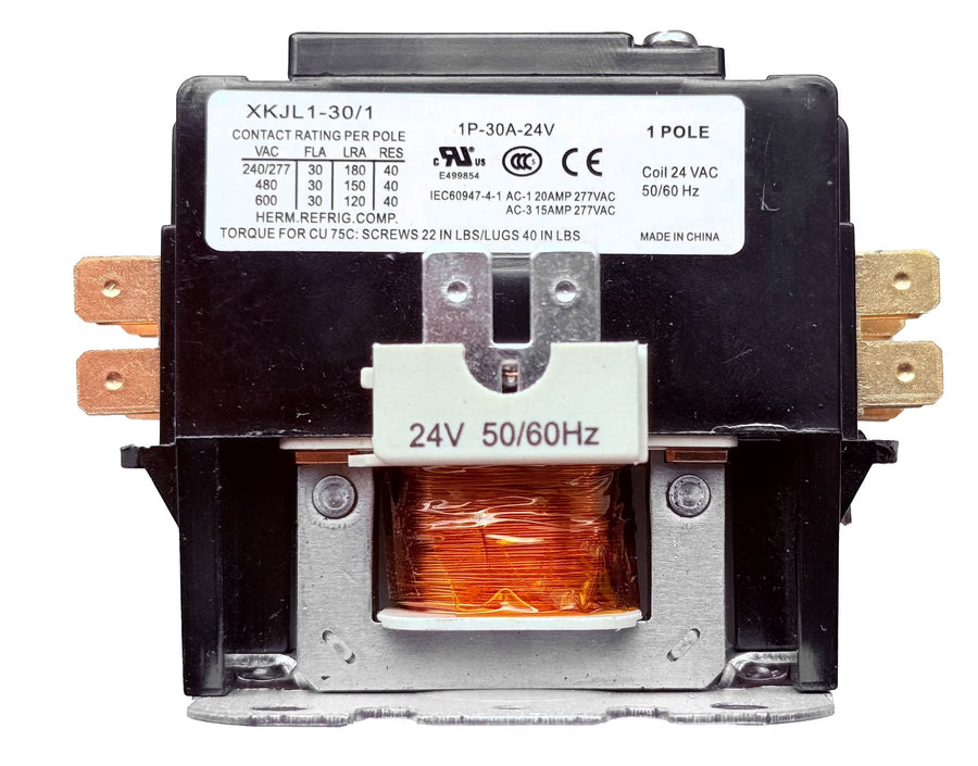 CoralVolt 30 Amp 1-pole definite purpose contactor showing spec label and copper coil, 24V 50/60Hz coil, UL rated for HVAC