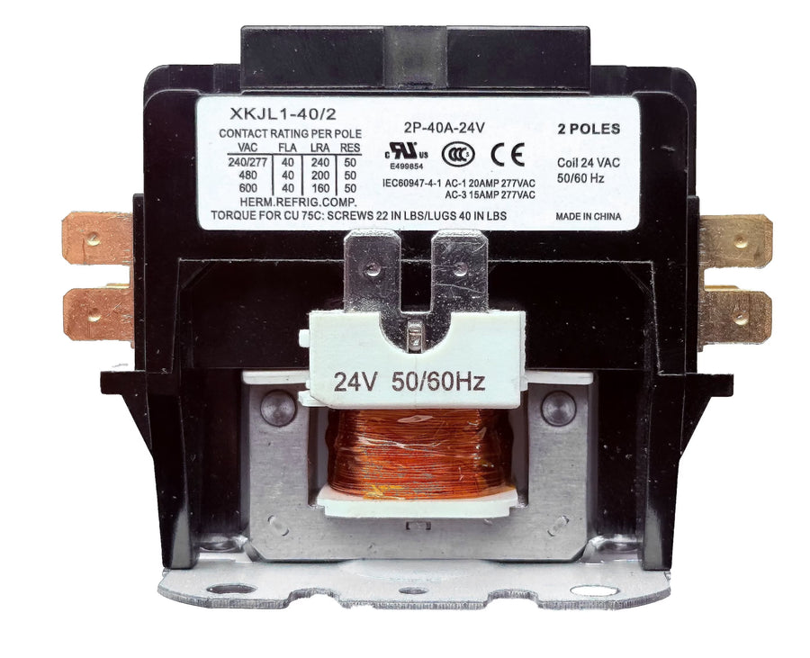 CoralVolt 40 Amp 2-pole definite purpose contactor showing spec label and copper coil, 24V 50/60Hz coil, UL rated for HVAC