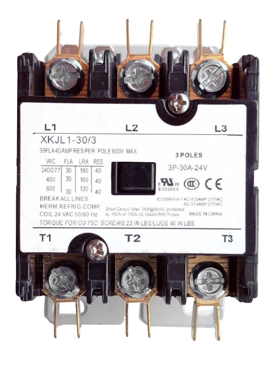 CoralVolt 30 Amp 3-pole definite purpose contactor front view showing L1 L2 L3 and T1 T2 T3 terminals, 24V coil UL rated