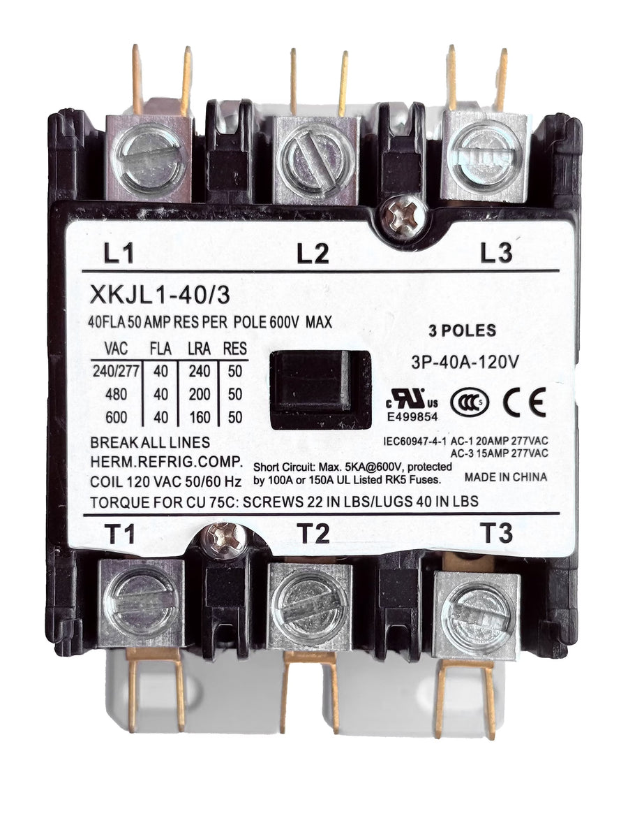 CoralVolt 40 Amp 3-pole definite purpose contactor front view showing L1 L2 L3 and T1 T2 T3 terminals, 24V coil UL rated