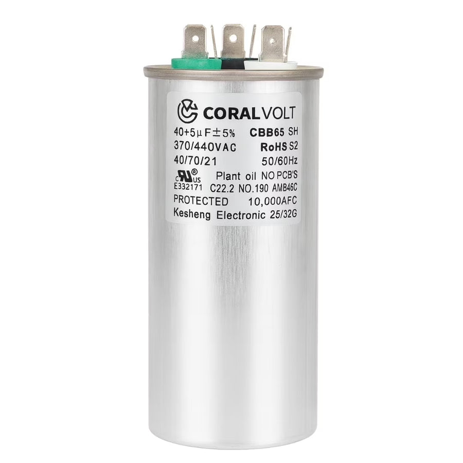 CoralVolt 40+5 µF dual run round HVAC capacitor single unit, 370/440VAC CBB65 UL rated, 10000 AFC protection for AC units