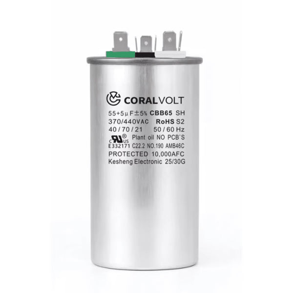 CORALVOLT 55+5 µF Dual Run Round HVAC Capacitor – 370/440V AC | CBB65, UL Rated