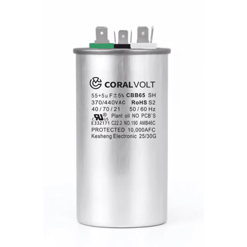 CORALVOLT 55+5 µF Dual Run Round HVAC Capacitor – 370/440V AC | CBB65, UL Rated