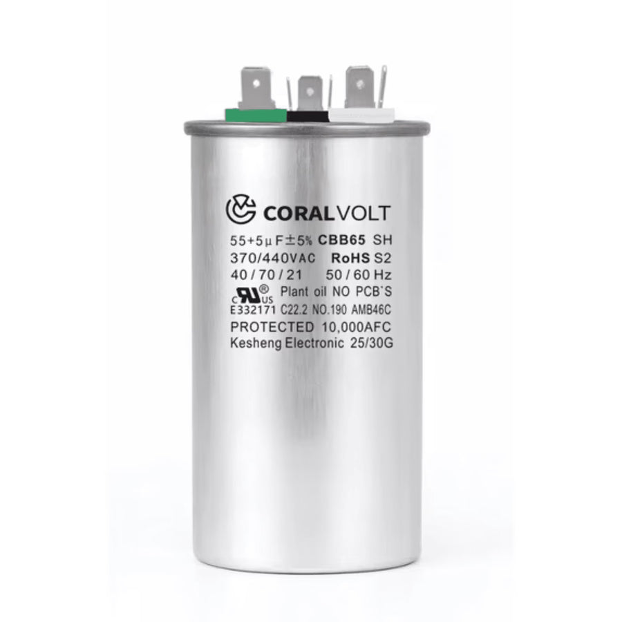 CoralVolt 55+5 µF dual run round HVAC capacitor, 370/440VAC CBB65 UL rated, 10000 AFC protection for AC units