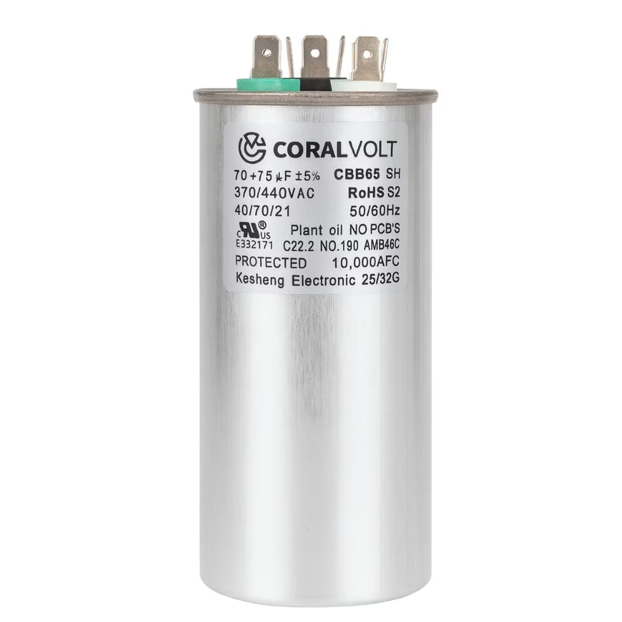 CoralVolt 70+7.5 µF dual run round HVAC capacitor, 370/440VAC CBB65 UL rated, 10000 AFC protection for AC units