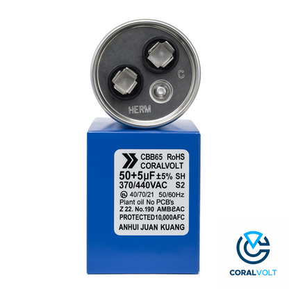 50+5 µF Dual Run Round HVAC Capacitor – 370/440V AC | CBB65, UL Rated