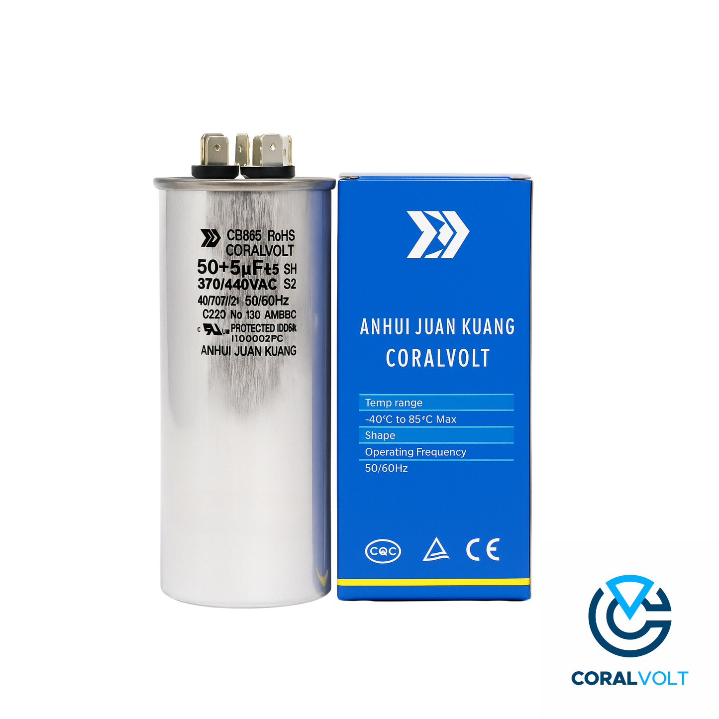50+5 µF Dual Run Round HVAC Capacitor – 370/440V AC | CBB65, UL Rated