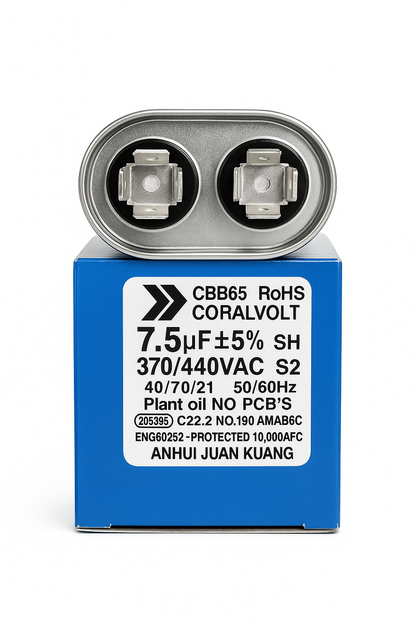 7.5+5 µF Dual Run Oval HVAC Capacitor – 370/440V AC | CBB65, UL Rated